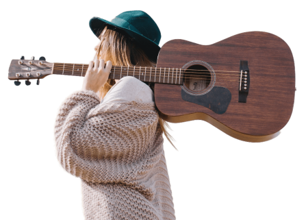 Standing sideways woman with a guitar