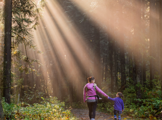 The woman with the girl is walking in the forest