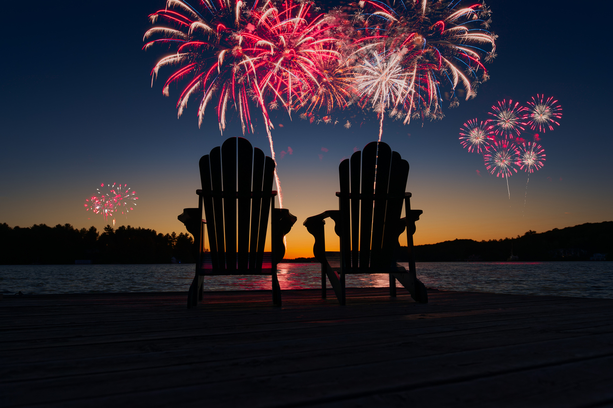 Nighttime scene in Muskoka, Ontario, with two Adirondack chairs silhouetted on a wooden dock facing a calm lake. Pink, red, and white fireworks burst above the distant tree-line, capturing a festive Canada Day celebration on a summer night at a cottage lake house, ideal for themes of celebration, relaxation, and seasonal holidays.