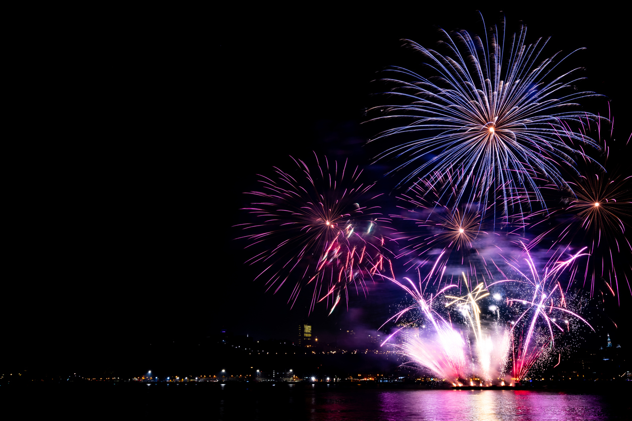 Fireworks over St. Lawrence River in Quebec City view From Levis, Quebec, Canada
